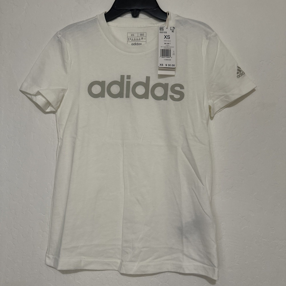 Adidas White Gray Women's Linear Cotton T-Shirt Slim Fit Size XS‎ NWT